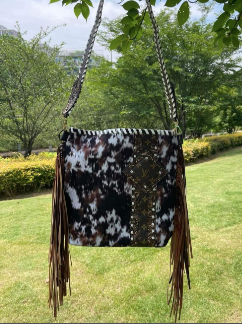 Cowprint Fringe Faux LV Crossbody