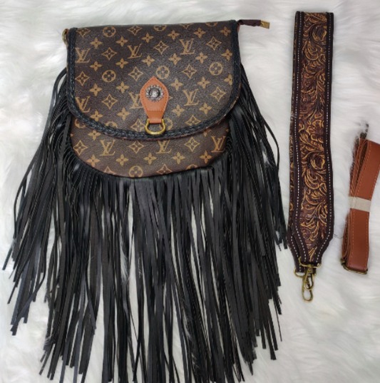 Black Fringe Faux LV Crossbody