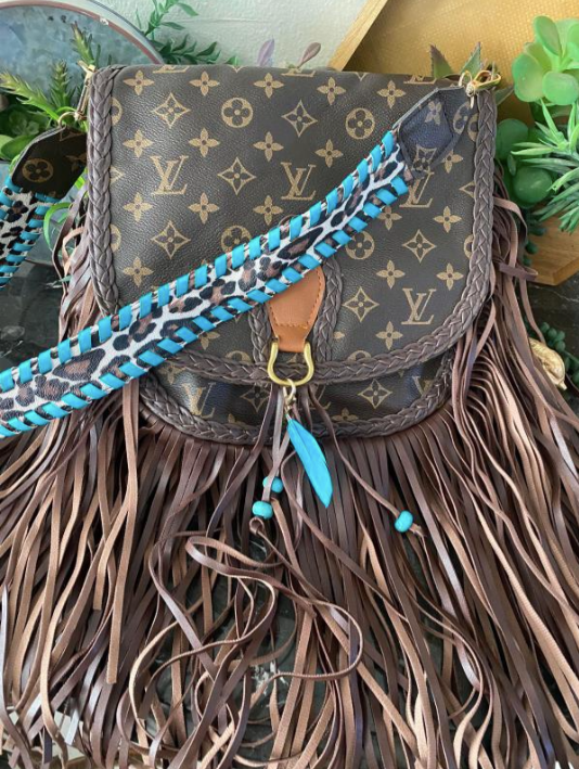 Blue Feather Leopard Print Faux LV Crossbody