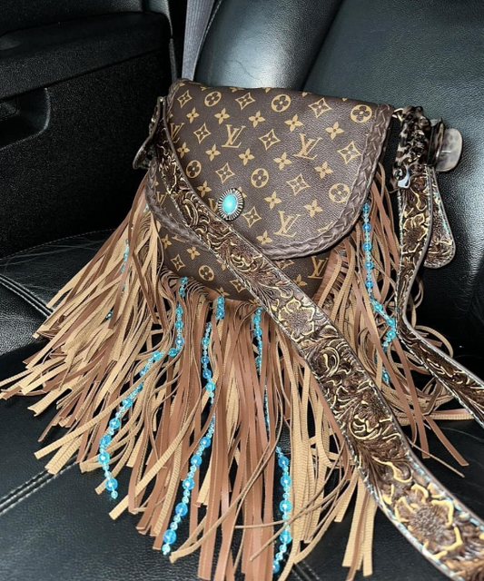 Blue Jewel Fringe Faux LV Crossbody