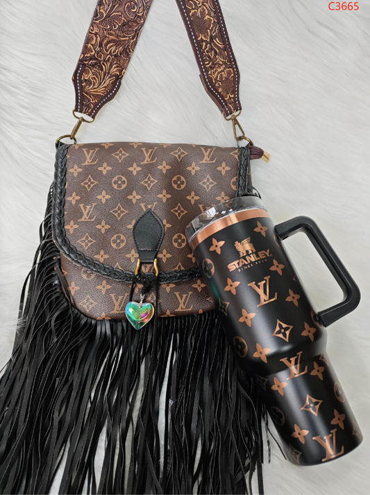 Black Fringe Faux LV Crossbody Set