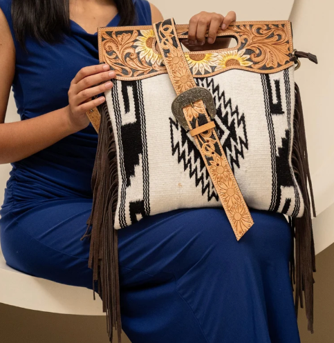 Aztec Handtooled Leather Fringe Bag