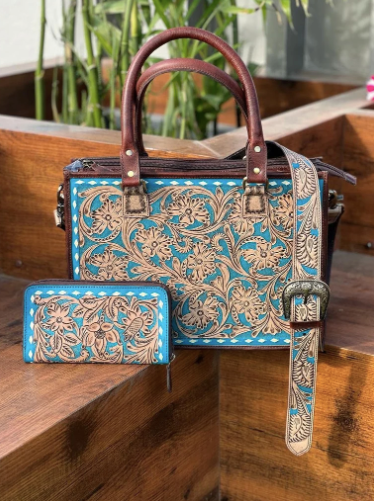 Hand Tooled Leather Turquoise Tote Concealed Carry Combo Set